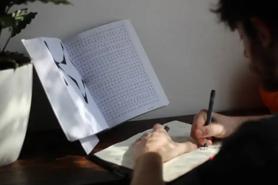 a person writing on a piece of paper with a pen