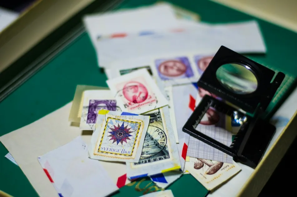 a pile of stamps and a camera on a table