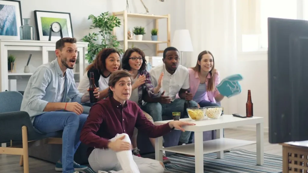 a group of people sitting on a couch in a living room